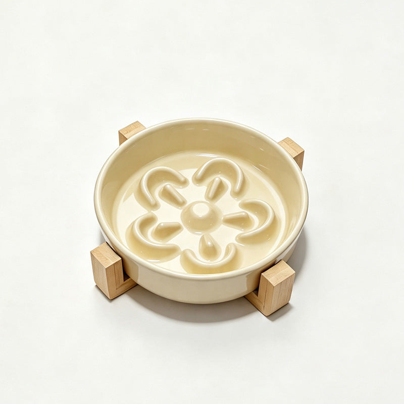 Floral Ceramic Slow Feeder Pet Bowl with Wooden Stand