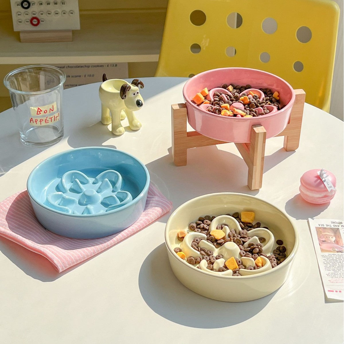 Floral Ceramic Slow Feeder Pet Bowl with Wooden Stand