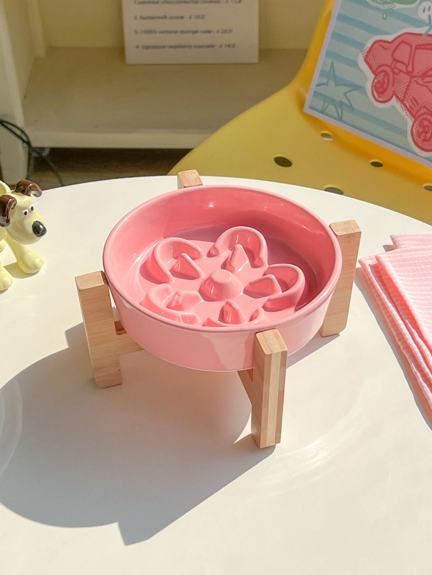 Floral Ceramic Slow Feeder Pet Bowl with Wooden Stand