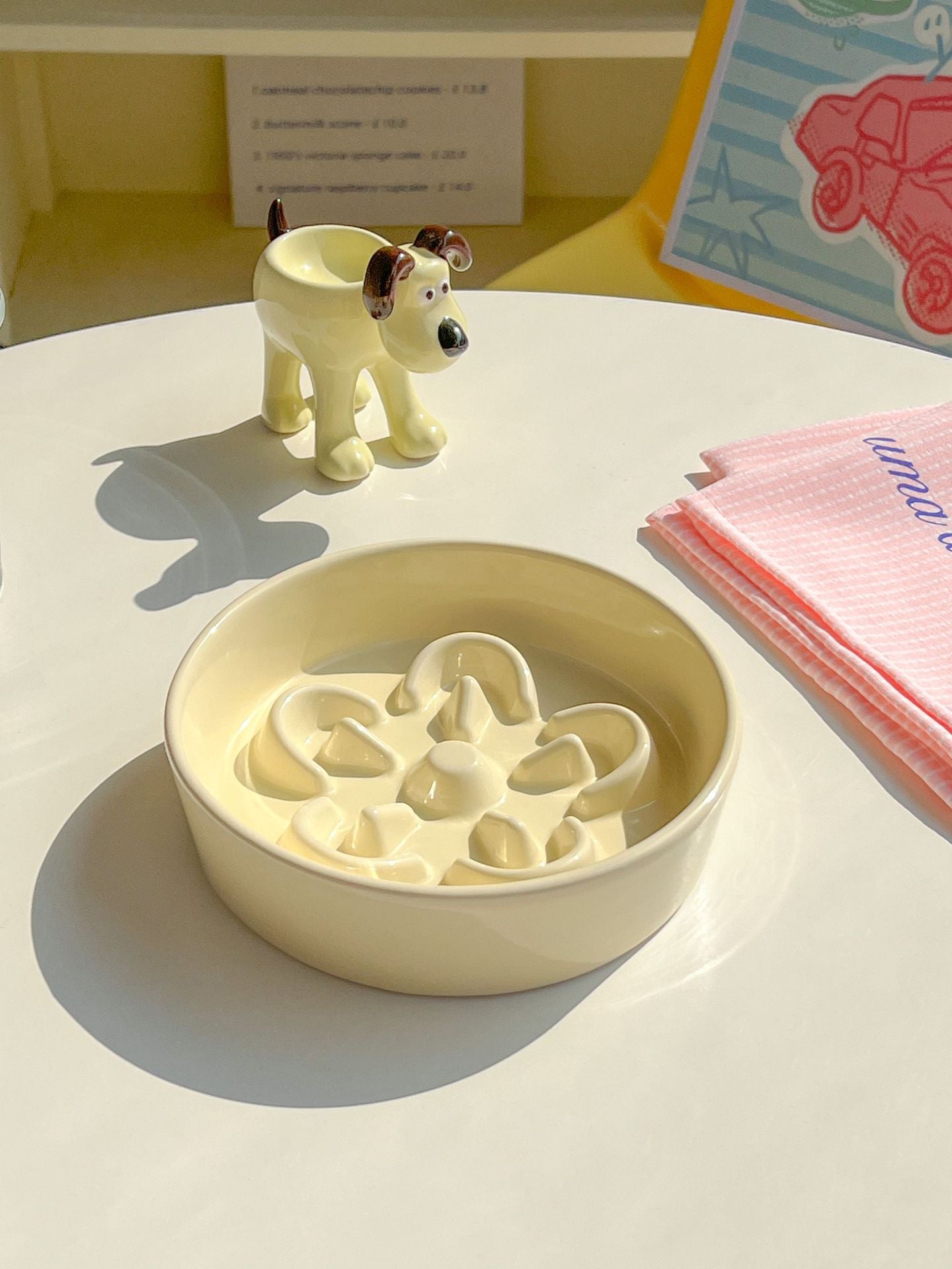 Floral Ceramic Slow Feeder Pet Bowl with Wooden Stand
