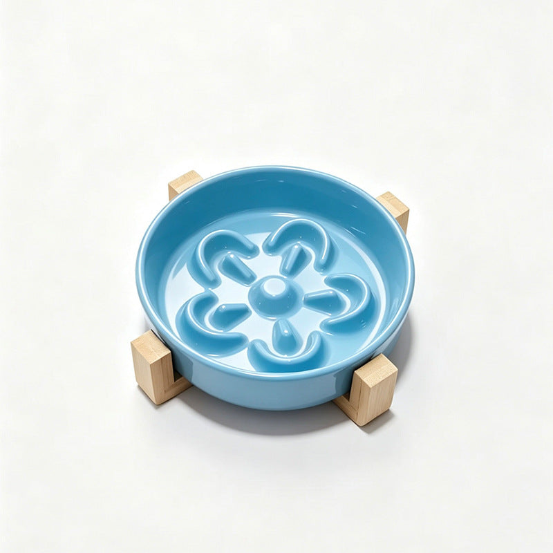 Floral Ceramic Slow Feeder Pet Bowl with Wooden Stand