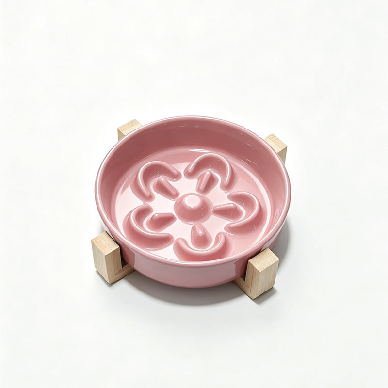 Floral Ceramic Slow Feeder Pet Bowl with Wooden Stand