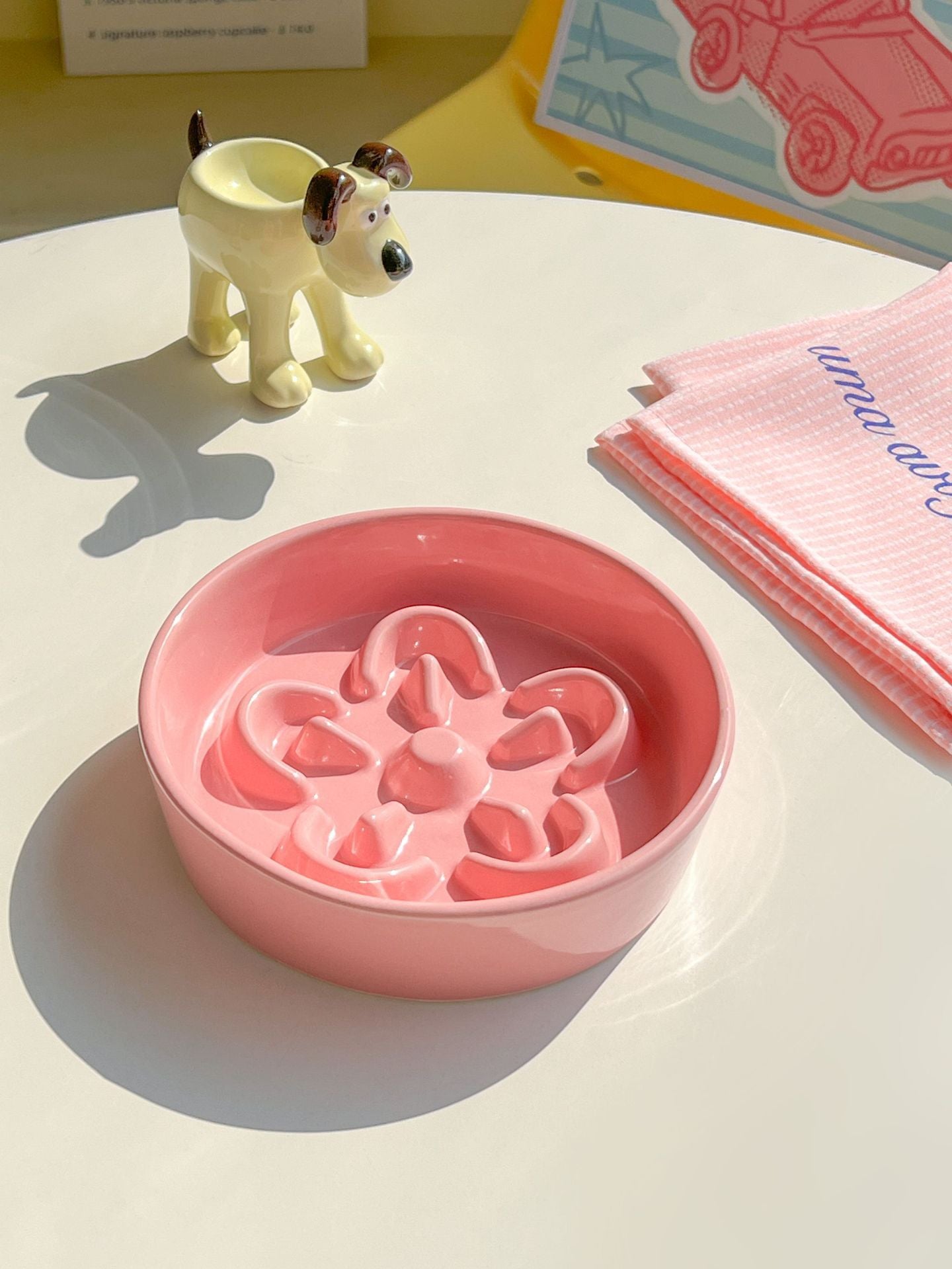 Floral Ceramic Slow Feeder Pet Bowl with Wooden Stand