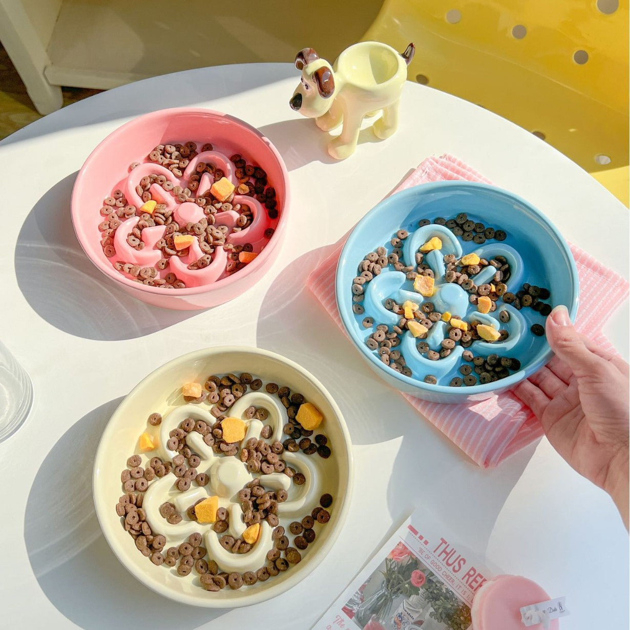 Floral Ceramic Slow Feeder Pet Bowl with Wooden Stand