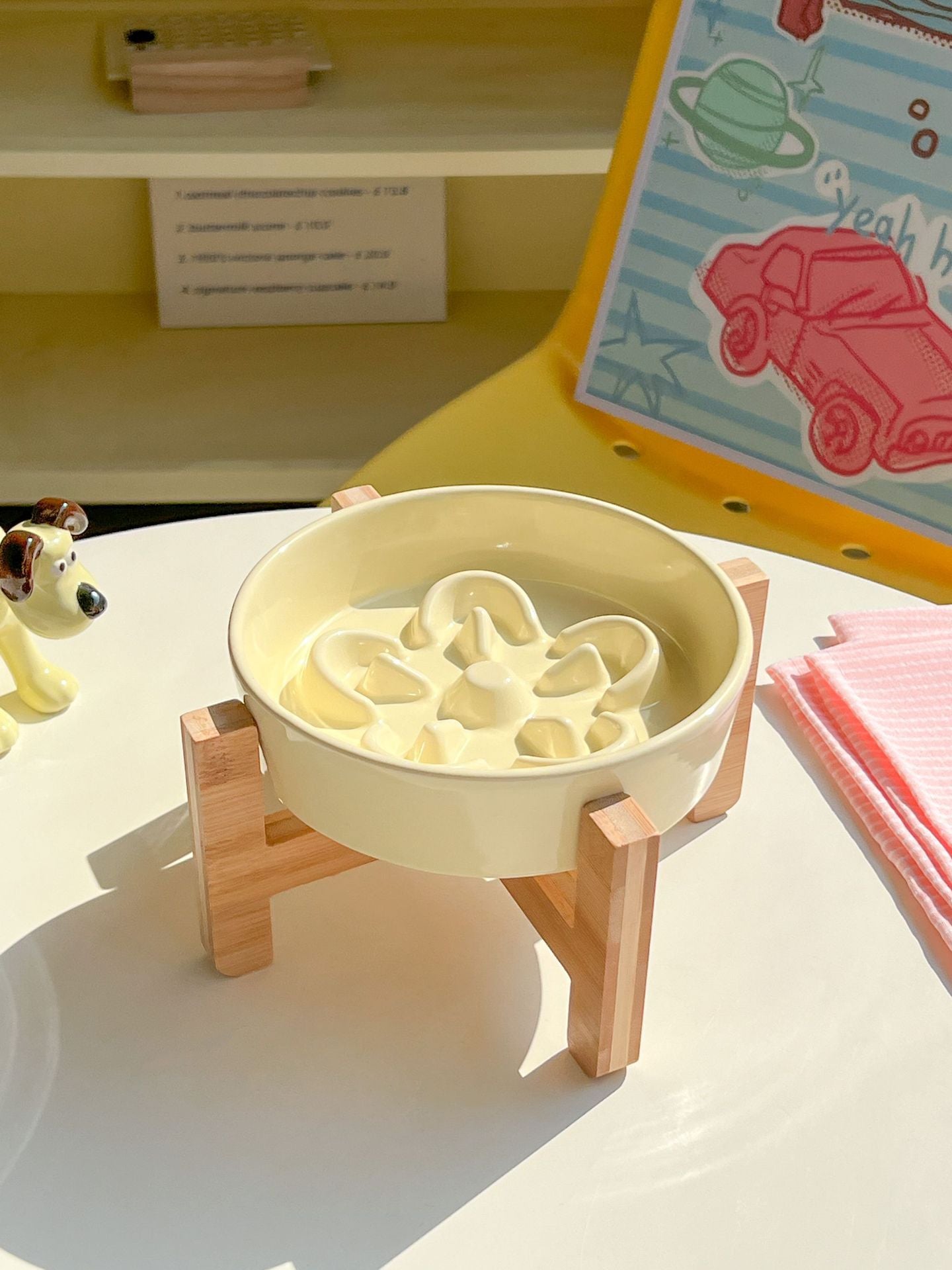 Floral Ceramic Slow Feeder Pet Bowl with Wooden Stand